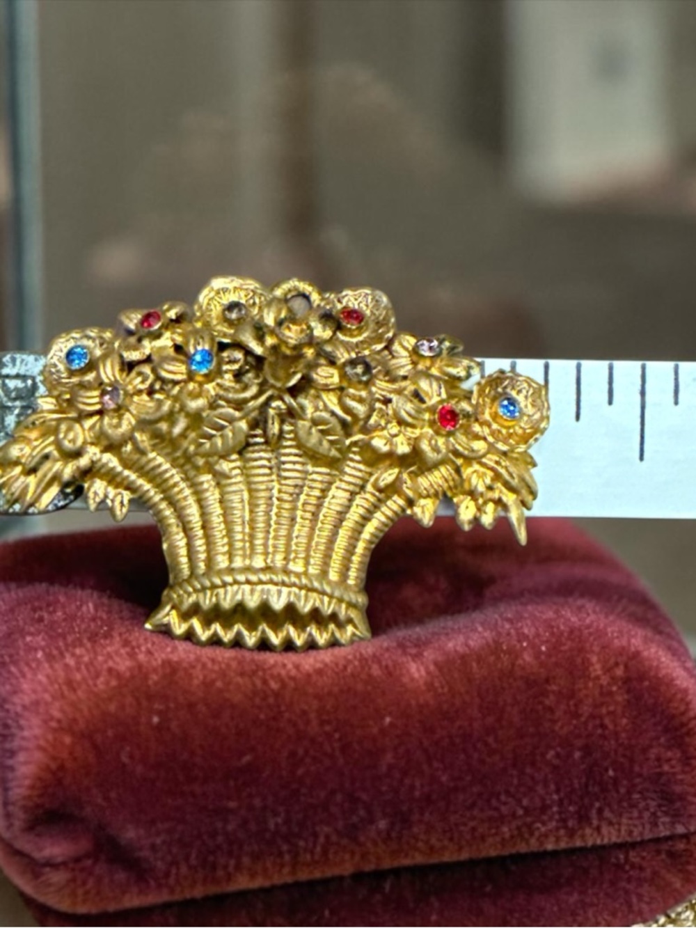 Vintage Gold Tone Flower Basket Brooch Multicolor Rhinestones Boho